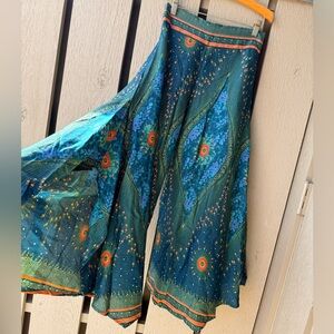 Boho Wide Leg Pants Teal & Orange Floral Peacock Feather Print  Flowy Festival